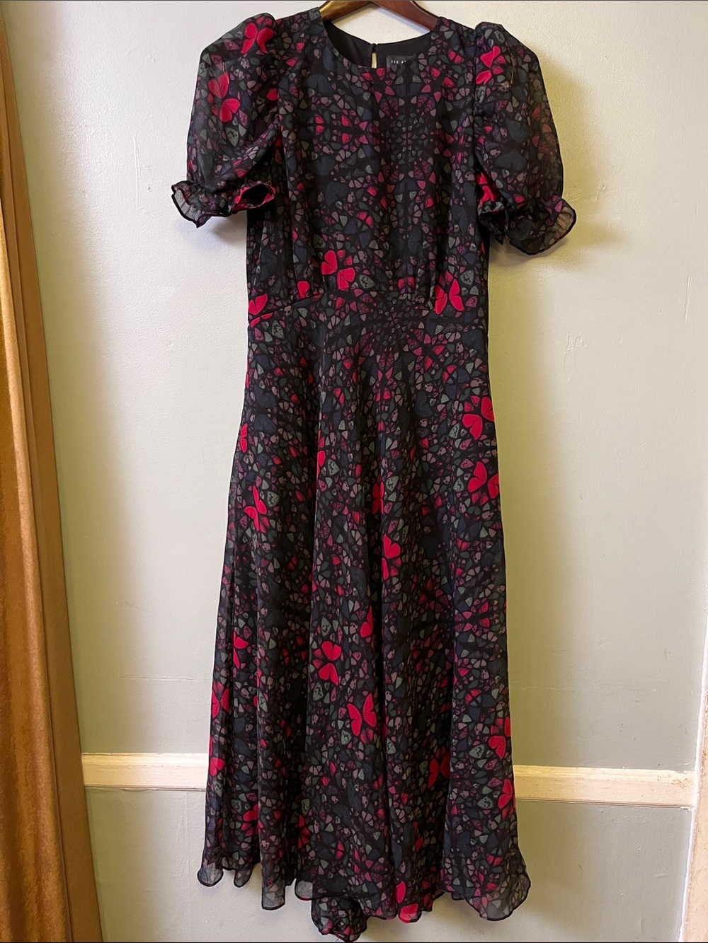 Ted Baker Black and Pink Floral Maxi Dress with Puff Sleeves